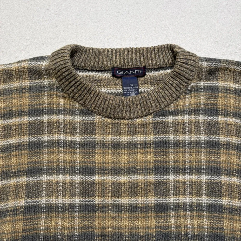 Gant Sweater Mens L Brown Plaid Vintage Cotton Knit Crew Neck‎ Long Sleeve